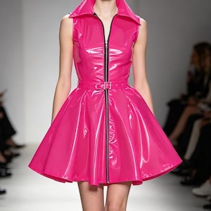 pink patent leather dress Neon pink tight dress. Patent leather.Bare shoulders.Light stretch.Glamour