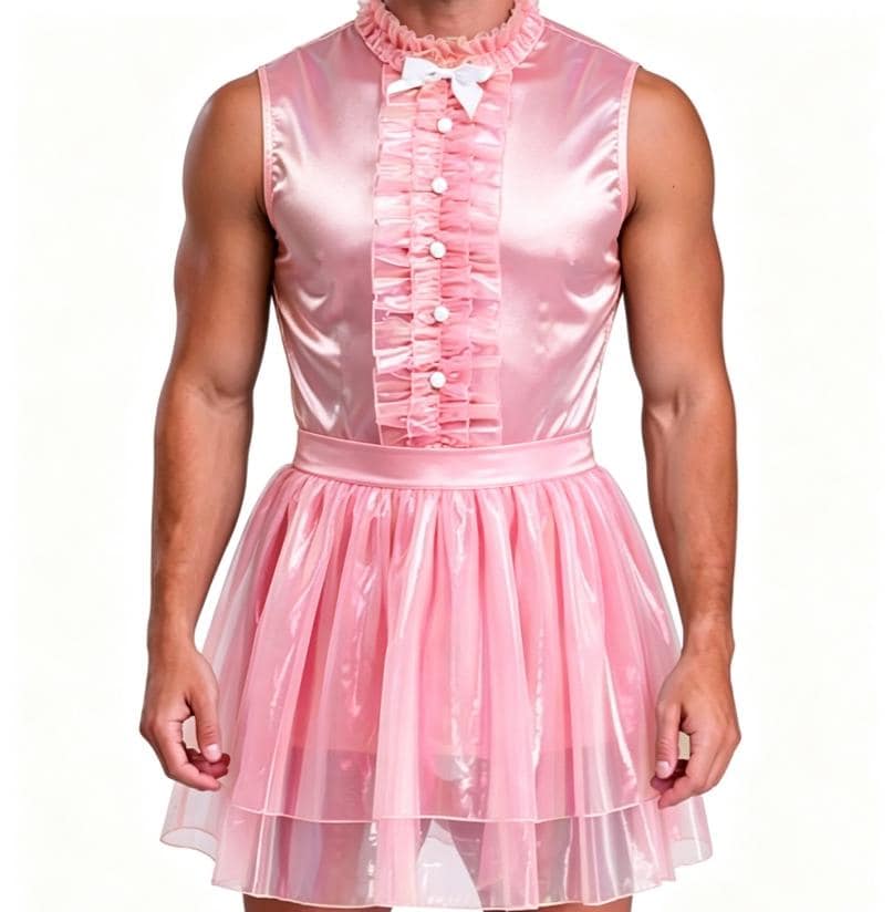 Pvc Ruffle Suit Men's and Women's Pink Satin Ruffled Bow Dress, PVC Skirt, Cosplay Set ...