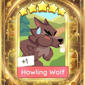 May include: A digital card from the game "Golden Blitz" featuring a cartoon wolf with a sweat drop. The card has a red banner that says "Howling Wolf" and is surrounded by gold coins and stars.