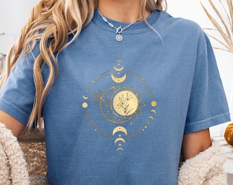 Celestial Moon Phase Sunflower Shirt, Boho Gold Graphic Tee
