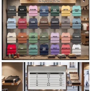 May include: A display of Comfort Colors t-shirts in various colors, including black, blue, and pink, with the text "The Perfect Color For You." Below, a size chart shows width and length measurements in inches. A folded shirt is on a shelf.