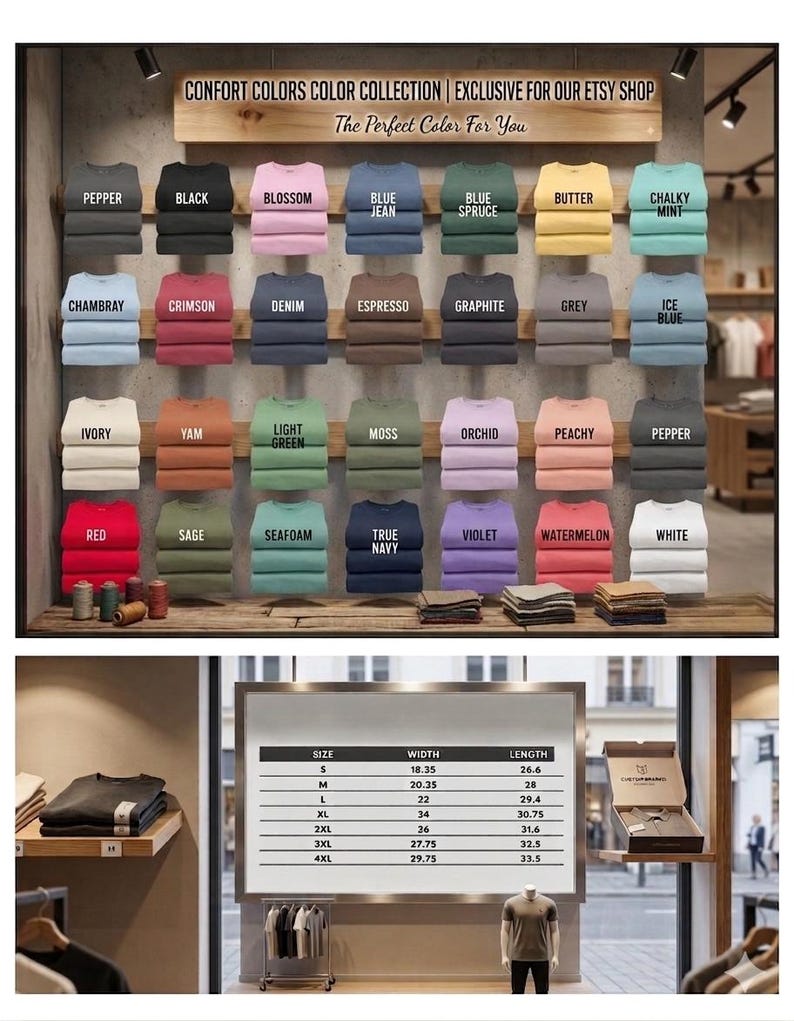 May include: A display of Comfort Colors t-shirts in various colors, including black, blue, and pink, with the text "The Perfect Color For You." Below, a size chart shows width and length measurements in inches. A folded shirt is on a shelf.