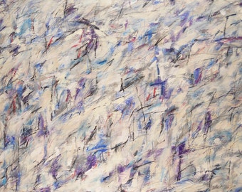 After Jackson 2, 3-16-13  (44" x 30" on paper, abstract expressionist painting, blue, white, purple, silver, gray, cream)