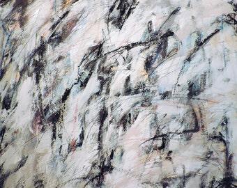 Cascade, 3-3-15 (30" x 44" on paper, abstract expressionist painting, black, white, cream, gray, red, blue, yellow)