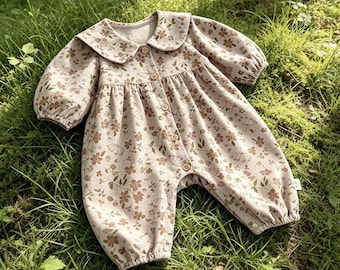 Vintage Floral Baby Romper, Peter Pan Collar Long Sleeve Neutral Baby Jumpsuit