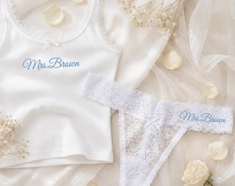 Custom Embroidered Lace Tank Top Thong Set, Bridal Shower Gift, Engagement Gift for Her, Bachelorette Party Set, New Mrs. Tank & Thong