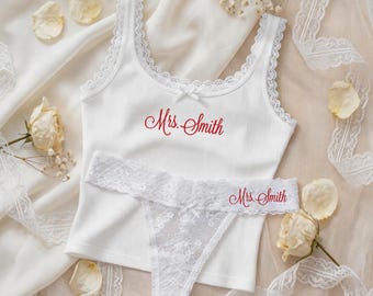 Personalized Bride Lingerie Set, Custom Lace Tank Top Thong Set, Embroidered Bridal Tank, Bridal Shower Gift for Her, Wedding Night Lingerie