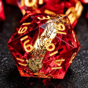 Juego de dados D&D | Dados de anillo de latón rojo | Dados del dragón de El Señor de los Anillos | Dados de resina de borde afilado | Dados poliédricos para juegos de rol D&D | Regalo para juegos de rol de mesa D20