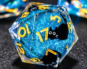 Set di dadi D&D | Dadi in resina con anima liquida Black Cat | Dadi in resina fatti a mano con bordi affilati | Dadi poliedrici per giochi di ruolo D&D | Regalo D20 per giocatori di TTRPG