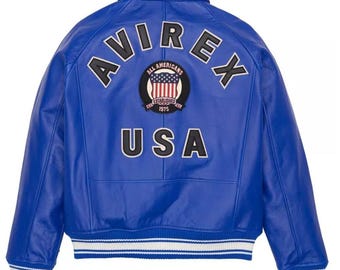 Men's Avirex ICON Blue Real Cowhide Leather Bomber Jacket American Flight Jacket