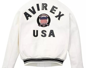 Men's Avirex White Real Cowhide Leather Jacket Bomber American Flight Jacket for Men