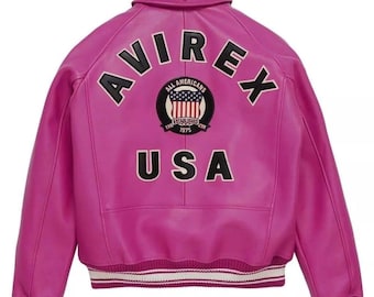Men's Avirex Pink Real Cowhide Jacket Leather Bomber American Flight Jacket Men