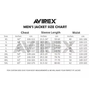 May include: A size chart for men's jackets from Avirex. The chart includes chest, sleeve length, and waist measurements in inches and centimeters for sizes XS to 5XL. The text at the bottom says, "For custom sizes give your body measurements & we will make your perfect fit jacket."