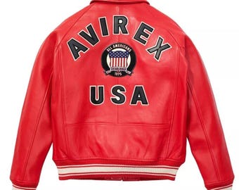 Men's Avirex Red Real Cowhide Leather Jacket Flight Bomber American Varsity Jacket