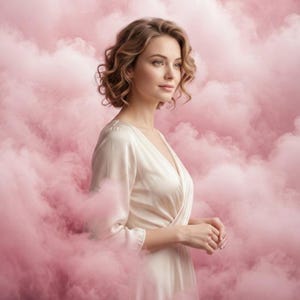May include: A woman with curly blonde hair wearing a cream-colored dress with a V-neck. She is surrounded by pink, cloud-like formations. The image has a soft, dreamy aesthetic.