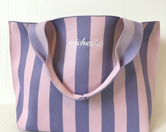 Bolso de mano a rayas personalizado / Bolso de playa con nombre bordado personalizado / Bolso de mercado con monograma / Regalo hecho a mano para ella, dama de honor o mamá.