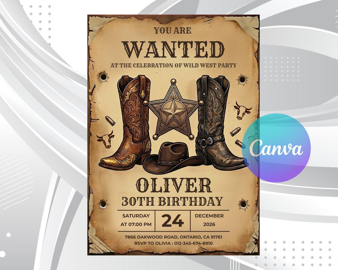Editable Wanted Poster Birthday Invitation, Western Hoedown Party ...