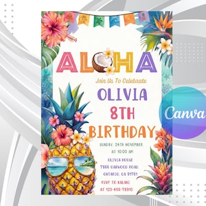 以下が含まれることがあります： 「ALOHA」の文字とサングラスをかけたパイナップルが描かれた、カラフルな招待状。オリビアの8歳の誕生日パーティーの招待状で、日付、時間、場所などの詳細が記載されています。