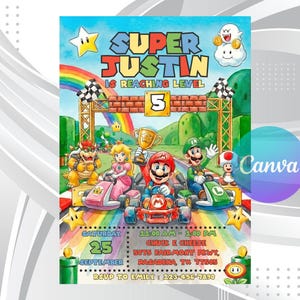 以下が含まれることがあります： 虹色のトラックでカートに乗ったマリオのキャラクターが描かれたカラフルな誕生日招待状。テキスト：Super Justin is reaching level 5, Saturday 25 September, 11:00 AM - 1:00 PM, Chuck E Cheese, 5075 Fairmont Pkwy, Pasadena, TX 77505, RSVP to Emily 123-456-7890.