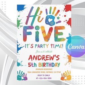 May include: A rectangular birthday party invitation featuring the colourful text Hi FIVE with a handprint graphic. The design includes the text IT'S PARTY TIME, ANDREW'S 5TH BIRTHDAY, the address 7866 OAKWOOD ROAD, ONTARIO, CA 91761, and RSVP details to EMILY at 123-456-7890.