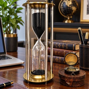 May include: An hourglass with a brass-toned metal frame and clear glass bulbs containing black sand. The structure features a circular top and base connected by four vertical pillars. The hourglass is positioned upright on a flat surface.