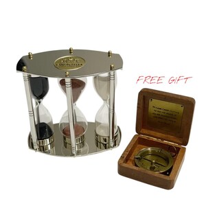 Full Brass Vintage Triple Tube Sand Hourglass Stand with Free Brass Compass Gift | Sand Timer Set for Office Desk Decor, Executive & Vintage