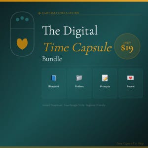 May include: A digital product bundle titled "The Digital Time Capsule" with a teal and gold color scheme. The image includes the text "A Gift Built Over a Lifetime" and icons for Blueprint, Folders, Prompts, and Reveal. The price is listed as $19.