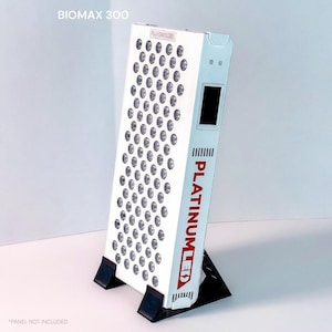 May include: A white Biomax 300 light therapy panel with a grid of circular LED bulbs on the front face. The side of the unit features the red text PlatinumLED and a small digital display screen. The device is supported by a black plastic stand.