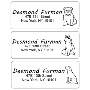 May include: Three rectangular address labels with black text and illustrations. Each label features the name Desmond Furman, the address 47E 13th Street, New York, NY 10101, and a different dog breed illustration: a bulldog, a husky, and a labrador.