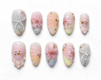 pastel ocean gel press-on nails • handmade beach vibe nails, reusable, glossy summer nail set, almond medium length