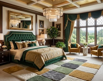 Handmade Geometric Patchwork Rug, Modern Tufted Area Rug, Green Gold Cream Checkered Carpet, Luxury Bedroom Living Room Decor