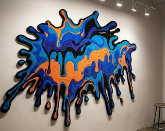 Melted Paint Splat Rug, Abstract Drip Art Textile Wall Hanging, Blue Orange Black