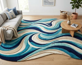 Handmade Abstract Wave Tufted Rug, Organic Curved Area Rug, Blue Aqua Modern Carpet, Irregular Shape Living Room Decor