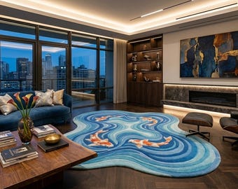 Alfombra con diseño de peces koi, alfombra abstracta con olas del océano, decoración irregular para sala de estar de estilo costero.