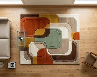 Alfombra de lana hecha a mano, alfombra geométrica abstracta moderna de mediados de siglo, decoración de sala de estar en color terracota salvia