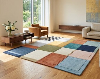 Hand-Tufted Wool Area Rug – Geometric Checkerboard, Abstract Blocks, Modern Design