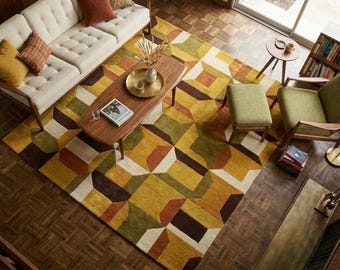 Handmade Geometric Tufted Rug, Mid Century Modern Area Rug, Mustard Olive Abstract Carpet, Retro Living Room Decor Rug
