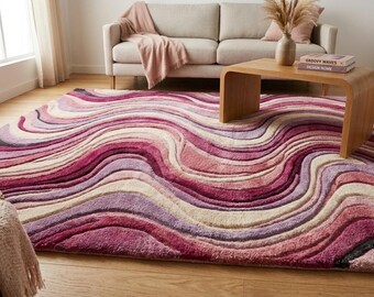 Alfombra rosa abstracta con diseño de ondas, alfombra moderna ondulada, decoración contemporánea para sala de estar.