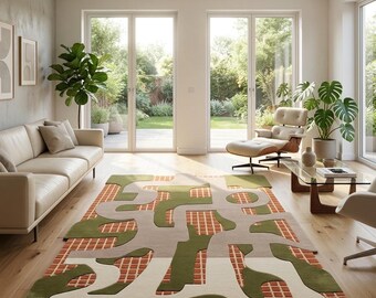 Hand Tufted Abstract Rug, Olive Green Beige Terracotta Geometric Carpet