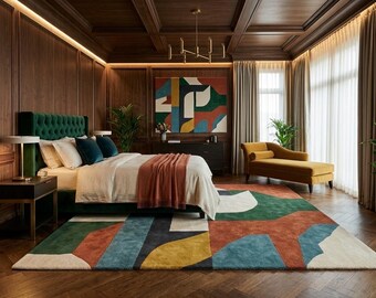 Hand-Tufted Geometric Wool Rug, Abstract Art Deco Mid Century Modern Area Rug, Custom Size Rug , 8X10 , 9X12, 10X14 Large Area Rug 12x15