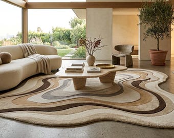 Organic Abstract Tufted Rug, Irregular Wavy Area Rug, Neutral Beige Brown Carpet, Modern Handmade Living Room Decor
