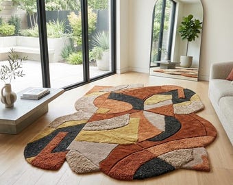 Abstract Irregular Area Rug, Terracotta Mustard Beige Plush Carpet