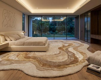 Organic Wool Silk Rug, Abstract Layered Contour Area Carpet, Hand Tufted Modern Statement Rug