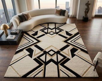 Alfombra de lujo tejida a mano en lana y seda, alfombra geométrica Art Déco, alfombra moderna para sala de estar en negro, marfil y dorado, alfombra a medida.