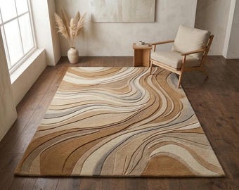 Alfombra abstracta hecha a mano con mechones, alfombra de área en color beige neutro, alfombra moderna con estampado ondulado, alfombra de decoración contemporánea para sala de estar.