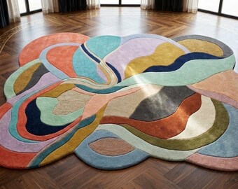 Abstract Hand Tufted Rug, Irregular Shape Multicolor Carpet, Modern Statement Decor