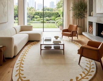 Alfombra ovalada de lana tejida a mano, borde de laurel, color crema beige, decoración minimalista escandinava.