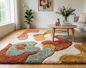 Alfombra abstracta hecha a mano con mechones, alfombra moderna de forma orgánica, alfombra escandinava para sala de estar, decoración contemporánea con aspecto de lana.