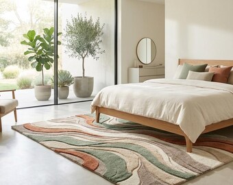 Alfombra con diseño abstracto de ondas, color verde salvia y terracota beige, decoración moderna para sala de estar.