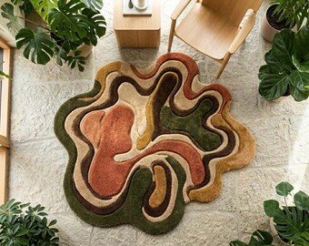 Abstract Organic Tufted Rug, Irregular Earth Tone Area Carpet, Modern Living Room Decor